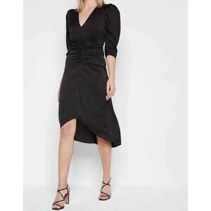 Express Black Satin Midi Dress Ruched Front V Neck Puff Sleeve Hi Low Hem L